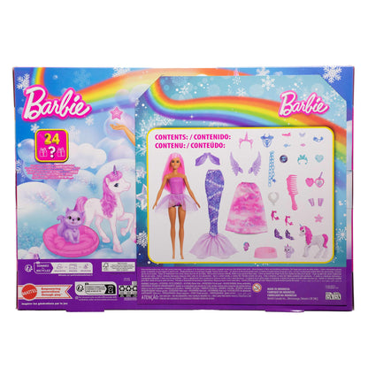 Barbie JFL66 Set de construcție Advent cu păpușă și 24 accesorii surpriză cu unicorn și animale, păpușă de modă transformabilă în sirenă, zână și altele, de la 3 ani