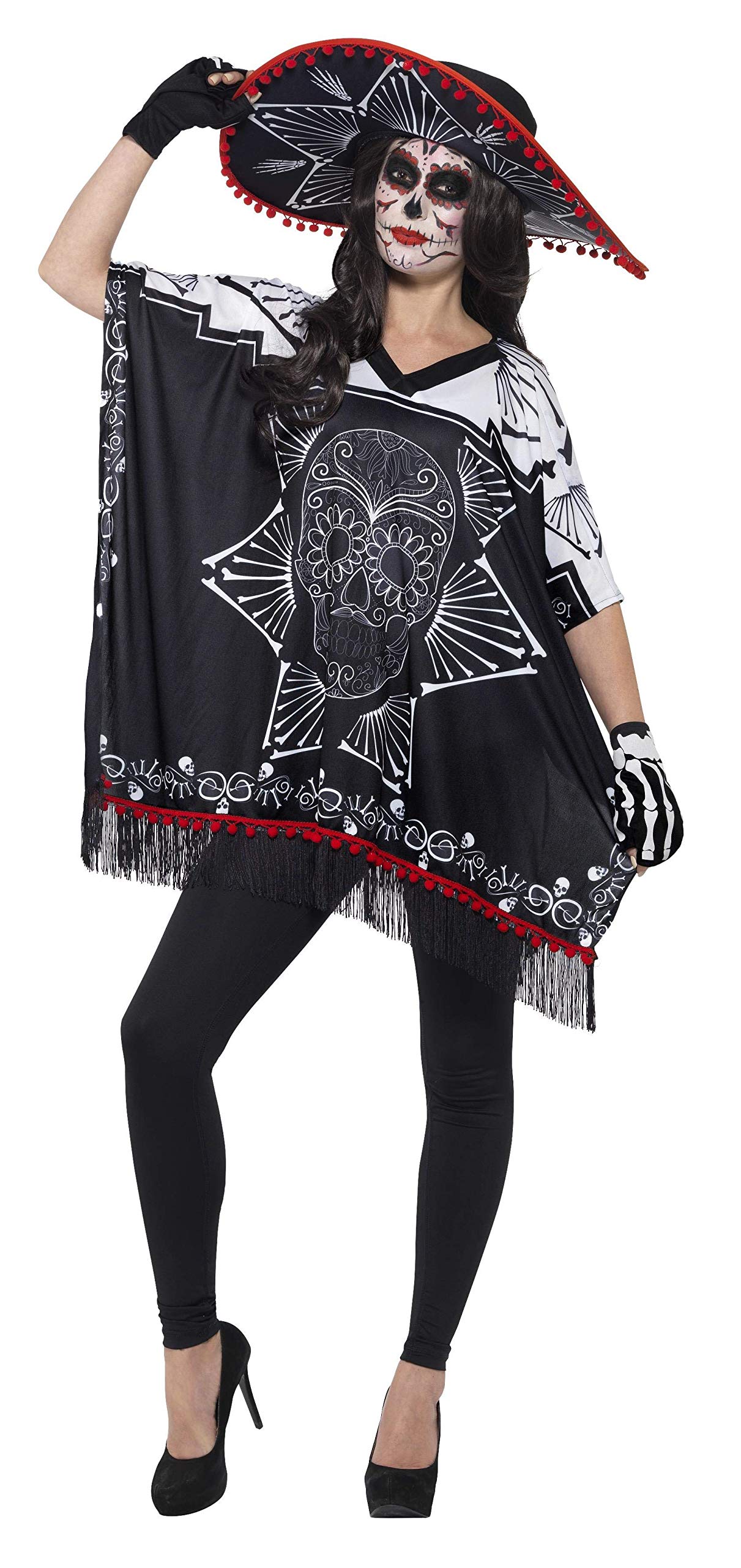 Smiffys Tag der Toten Costum Bandit pentru Bărbați cu Poncho, Sombrero și Mănuși, Negru și Alb, One Size