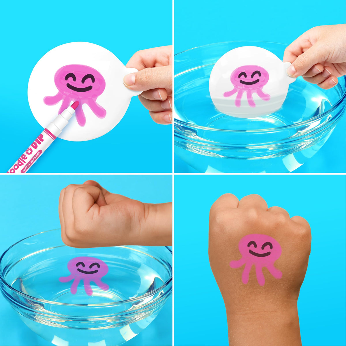 ZIMPLI Doodle N Dip Set de desen cu 8 markere magice și paletă pentru pictură, tatuaje temporare, pensule magice pentru pictură în acuarelă