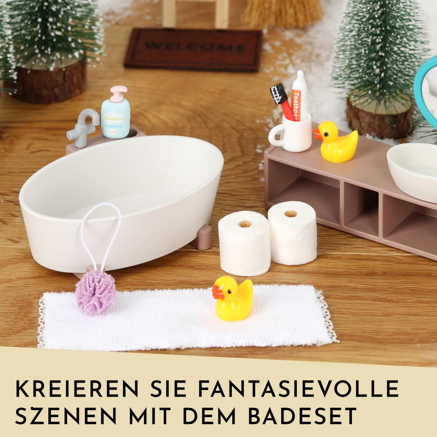 Set de Baie Nordstern Wichtel - 10 Piese Miniatură pentru Decorare Wichteltür, Casă de Păpuși sau Wichtel de Crăciun - Mini Periuță de Dinți, Hârtie Igienică și Altele