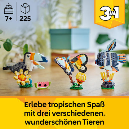 LEGO Creator Animale Sălbatice: Tucan Tropical - Jucărie 3-in-1 care se transformă în Figurina Fluture sau Pește - Jucărie Creativă - Cadou pentru Fete și Băieți de la 7 Ani 31173