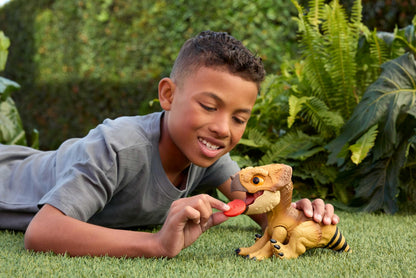 Mattel Jurassic World Primal Protector Aquilops Dolores Figurină interactivă de dinozaur cu mișcări de atac și sunete de răget, accesoriu alimentar, de la 4 ani