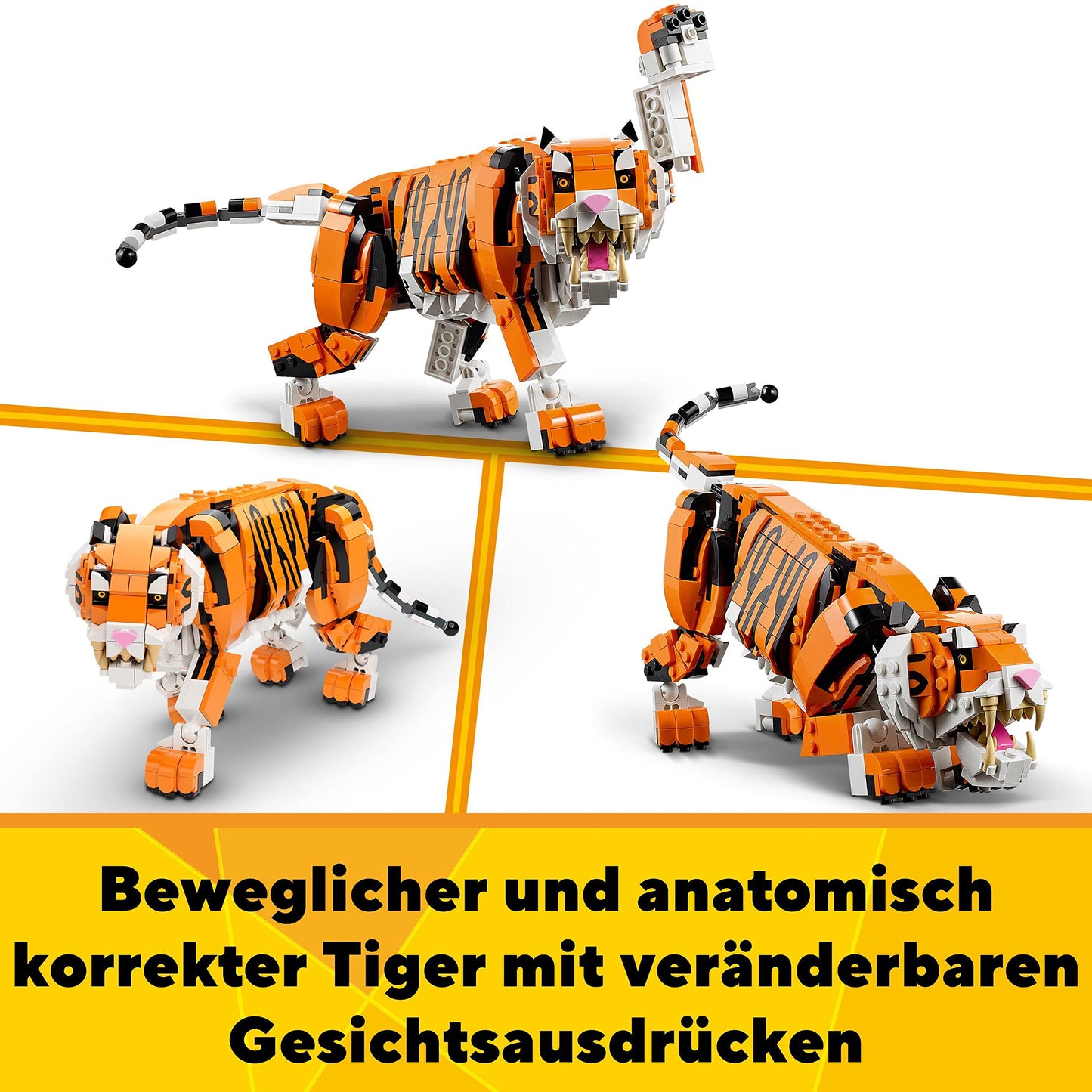 LEGO 31129 Creator Tiger, Panda sau Pește, Set 3-in-1 de Figurine Animale, Jucărie pentru Copii, Băieți și Fete, Jucărie de Construcție cu Animale