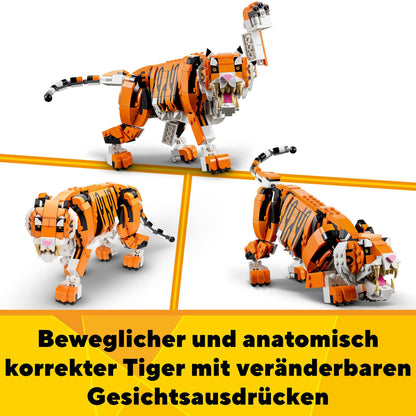 LEGO 31129 Creator Tiger, Panda sau Pește, Set 3-in-1 de Figurine Animale, Jucărie pentru Copii, Băieți și Fete, Jucărie de Construcție cu Animale