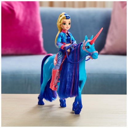 Unicorn Academy River Set de joacă cu unicorn 28 cm cu coamă și coadă naturală, șa și ham detașabile, perie, pentru copii de la 4 ani