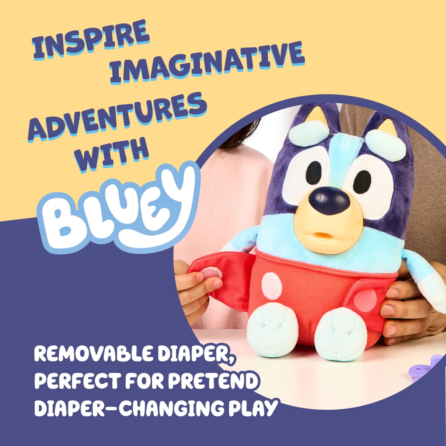 Bluey Baby răsfață și îngrijește, hrănește și liniștește bebelușul, jucărie electronică din pluș de 28 cm cu 10 sunete diferite de bebeluș, 2 accesorii și scutec detașabil