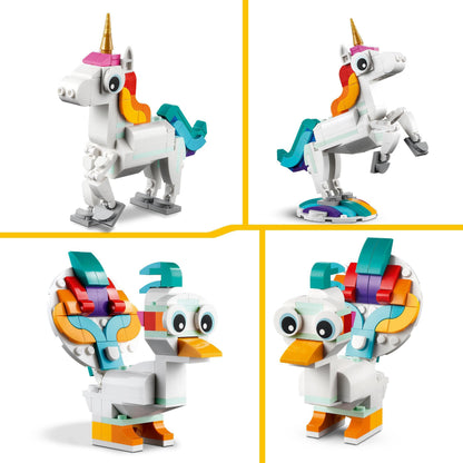 LEGO Creator 3-in-1 Unicorn Magic - Jucărie cu Minifigurine - Figurina de animal se transformă într-un Seahorse sau un Păun - 31140