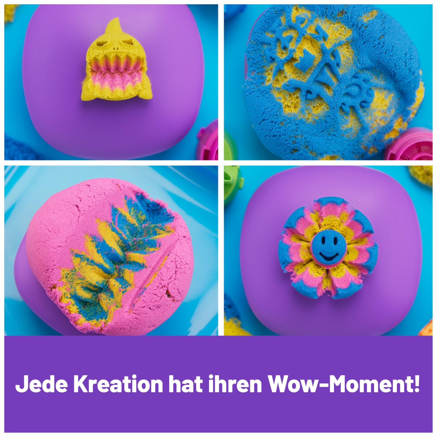 Set de Joacă Kinetic Sand - 453 g de nisip magic din Suedia în 3 culori, cu ștampilă și 5 unelte pentru distracție creativă în interior, pentru copii de la 5 ani.