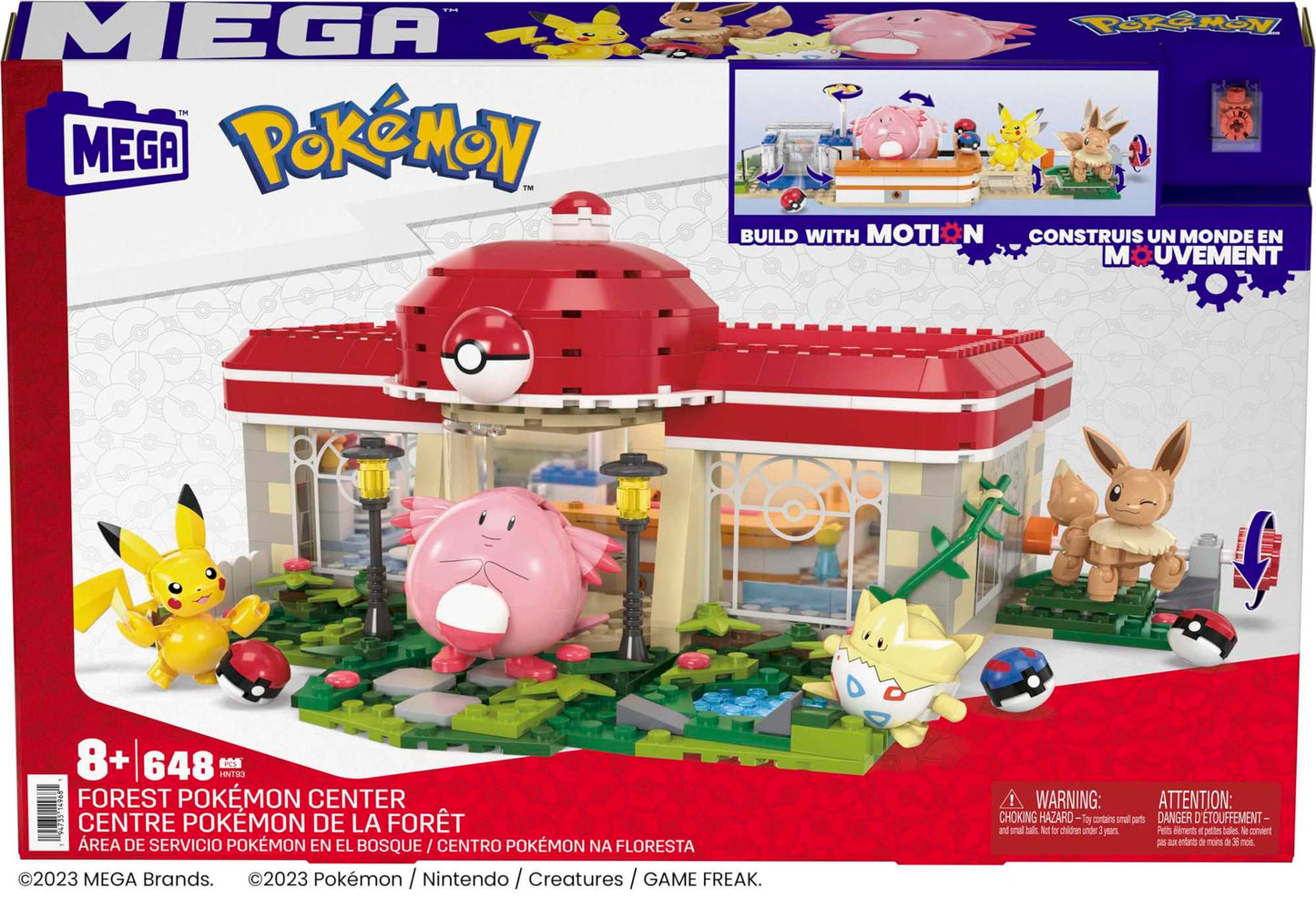 Mega Bloks HNT93 Set de construcție Pokémon 648 piese cu Pikachu, Chaneira, Evoli și Togepi pentru copii de la 8 ani