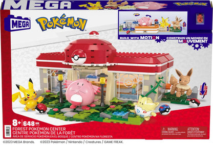 Mega Bloks HNT93 Set de construcție Pokémon 648 piese cu Pikachu, Chaneira, Evoli și Togepi pentru copii de la 8 ani