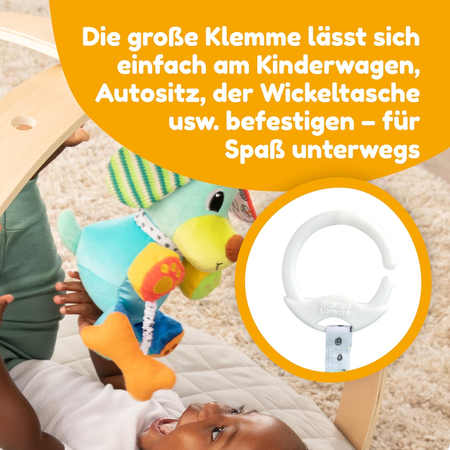 Lamaze Câine sonor Clip & Go, jucărie cărucior