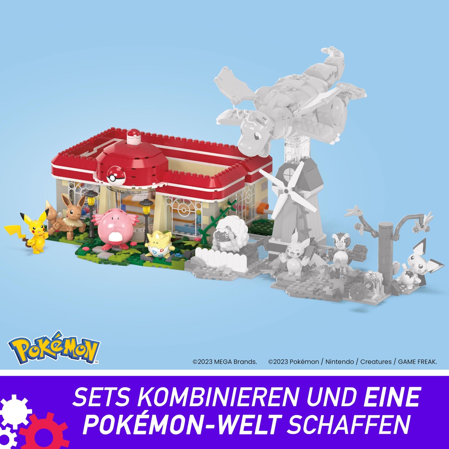 Mega Bloks HNT93 Set de construcție Pokémon 648 piese cu Pikachu, Chaneira, Evoli și Togepi pentru copii de la 8 ani