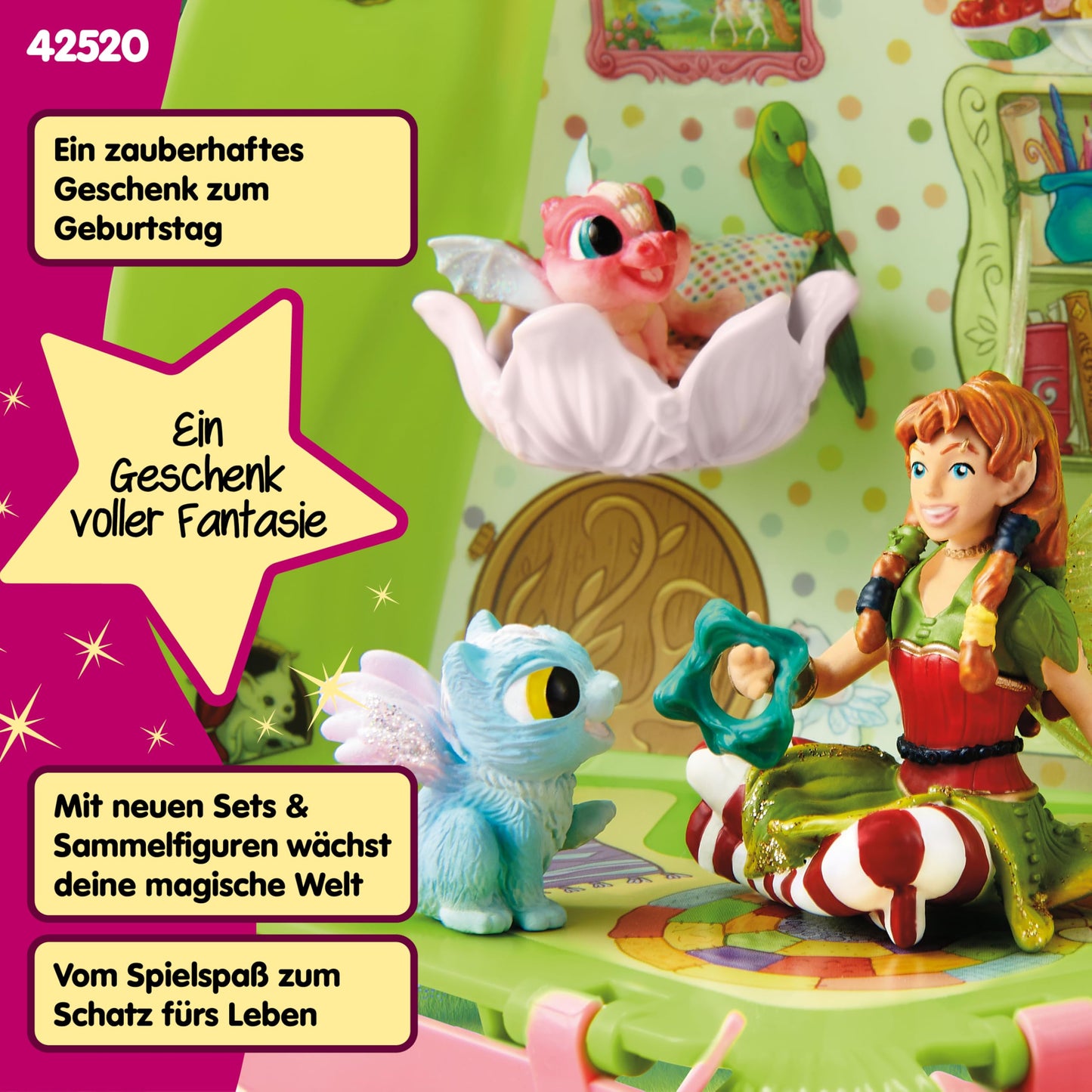 Schleich BAYALA Set de joacă Grădinița animalelor Marween cu elfă, 2 pui de dragon, pisicuță cu aripi și raton, floare pliabilă transportabilă, 19 piese, de la 5 ani