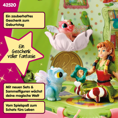 Schleich BAYALA Set de joacă Grădinița animalelor Marween cu elfă, 2 pui de dragon, pisicuță cu aripi și raton, floare pliabilă transportabilă, 19 piese, de la 5 ani