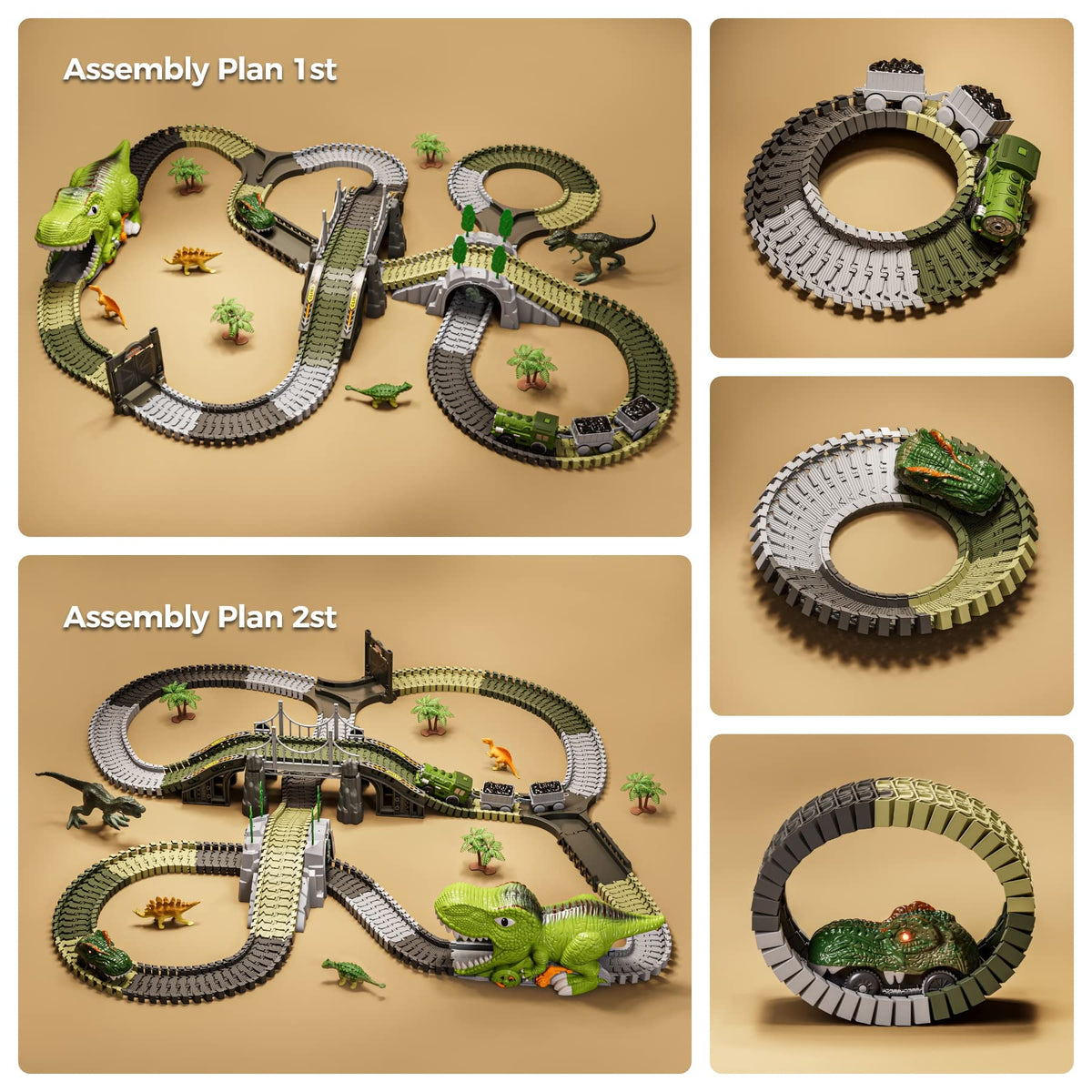TUMAMA P01 Set de joacă cu tren de dinozauri Piste flexibile cu 281 piese, 4 dinozauri și 2 mașinuțe electrice cu lumini pentru copii 3-6 ani