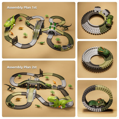TUMAMA P01 Set de joacă cu tren de dinozauri Piste flexibile cu 281 piese, 4 dinozauri și 2 mașinuțe electrice cu lumini pentru copii 3-6 ani