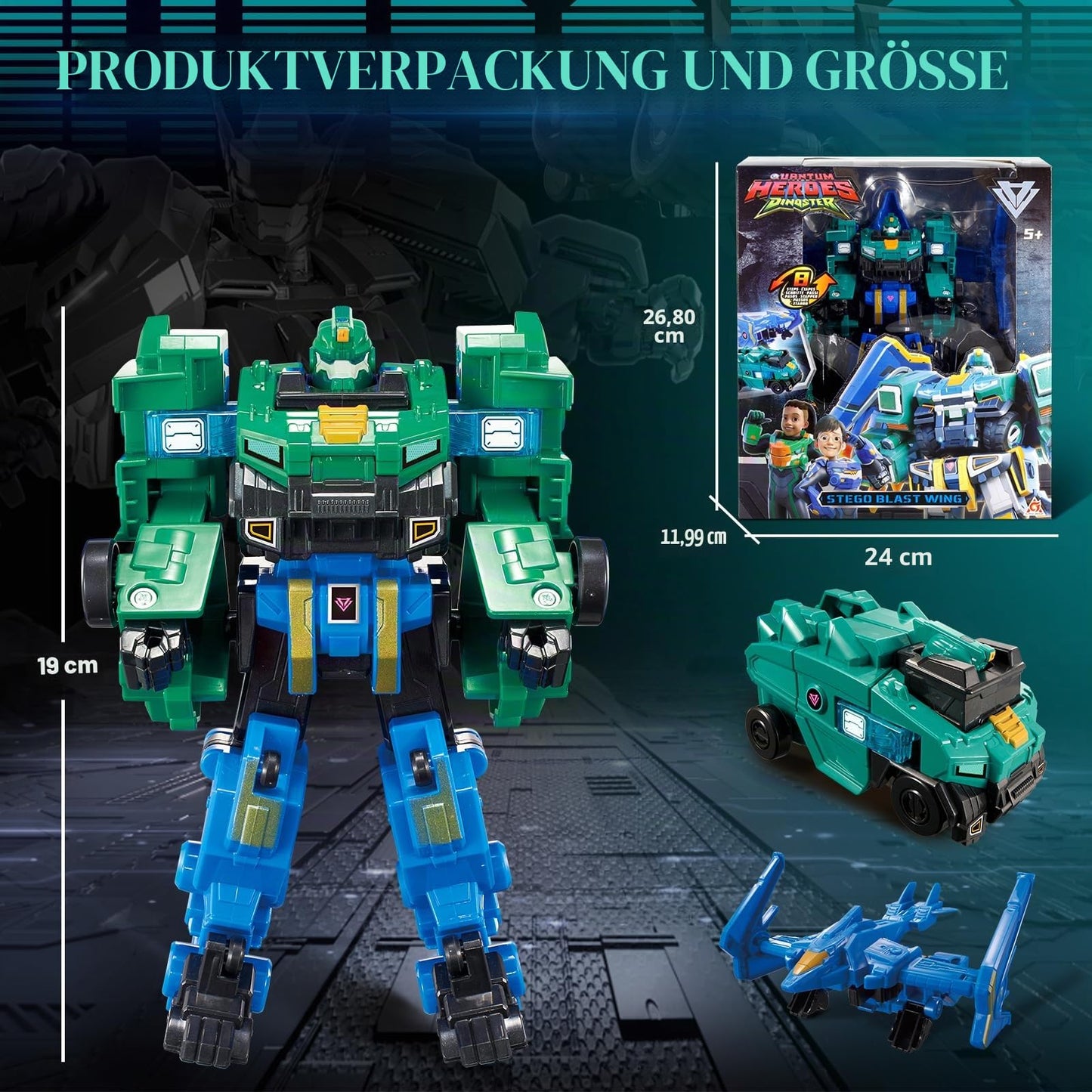 QUANTUM HEROES DINOSTER Stego Blast Wing Robot Transformabil 2 în 1 Jucărie Robotică pentru Copii 5+ ani (gri)