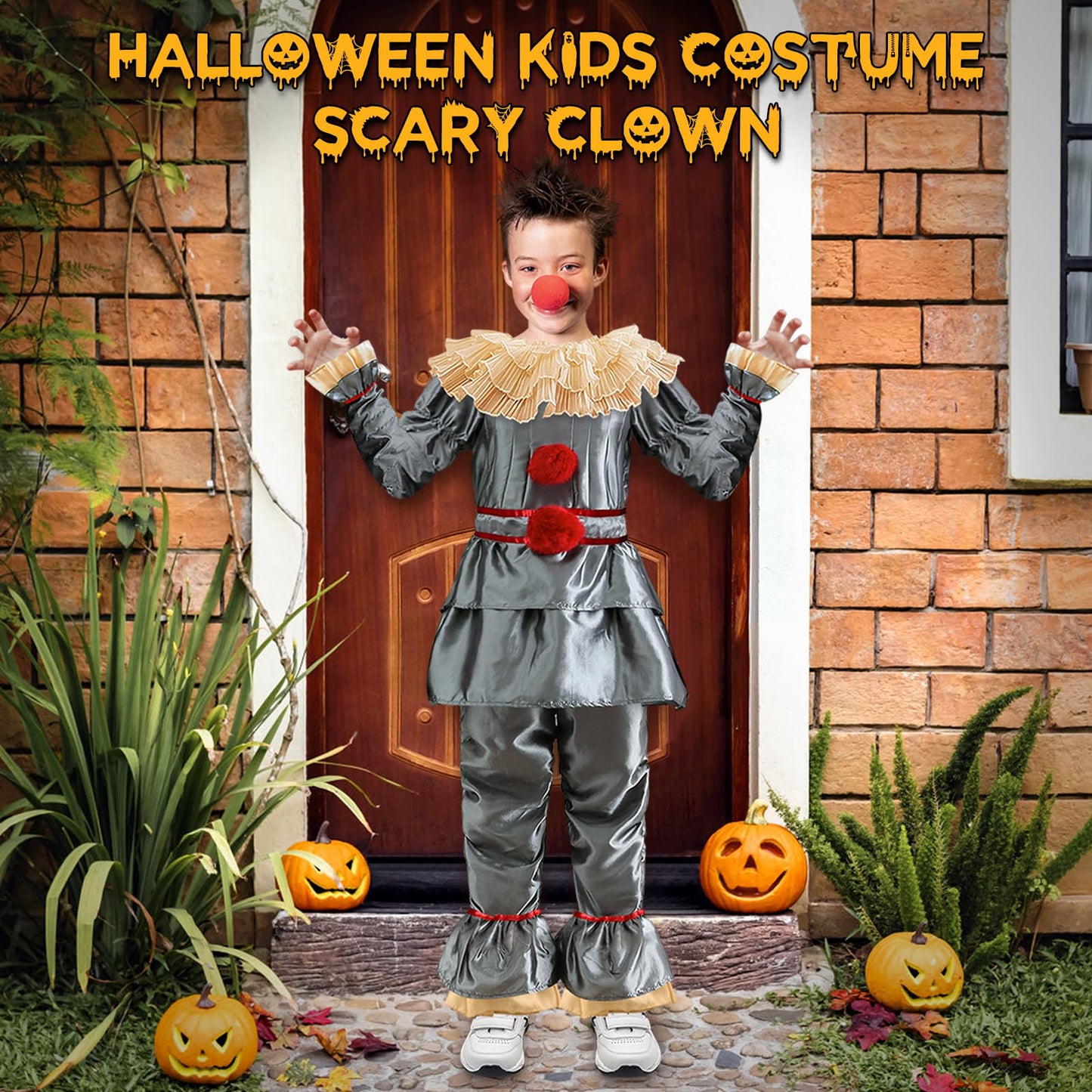 Costum de Halloween Clovn Pennywise pentru copii: Set costum clovn horror, outfit cosplay Pennywise din filmul de groază, îmbrăcăminte pentru petreceri de Halloween și carnaval.