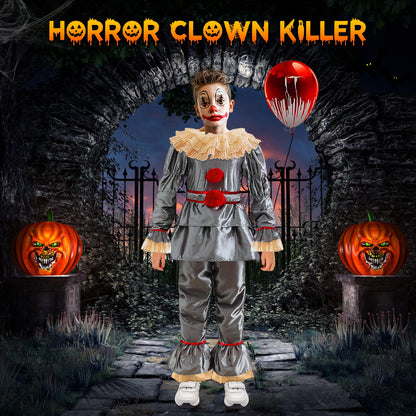 Costum de Halloween Clovn Pennywise pentru copii: Set costum clovn horror, outfit cosplay Pennywise din filmul de groază, îmbrăcăminte pentru petreceri de Halloween și carnaval.