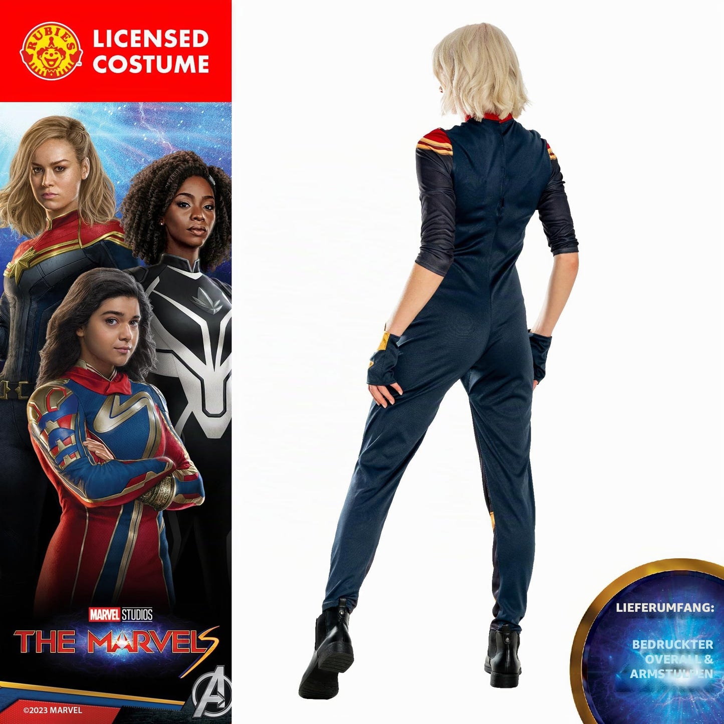 Rubies Marvel Captain Marvel Costum pentru femei Jumpsuit și 2 manșete oficial Marvel pentru carnaval Crăciun petreceri Halloween L 44-46
