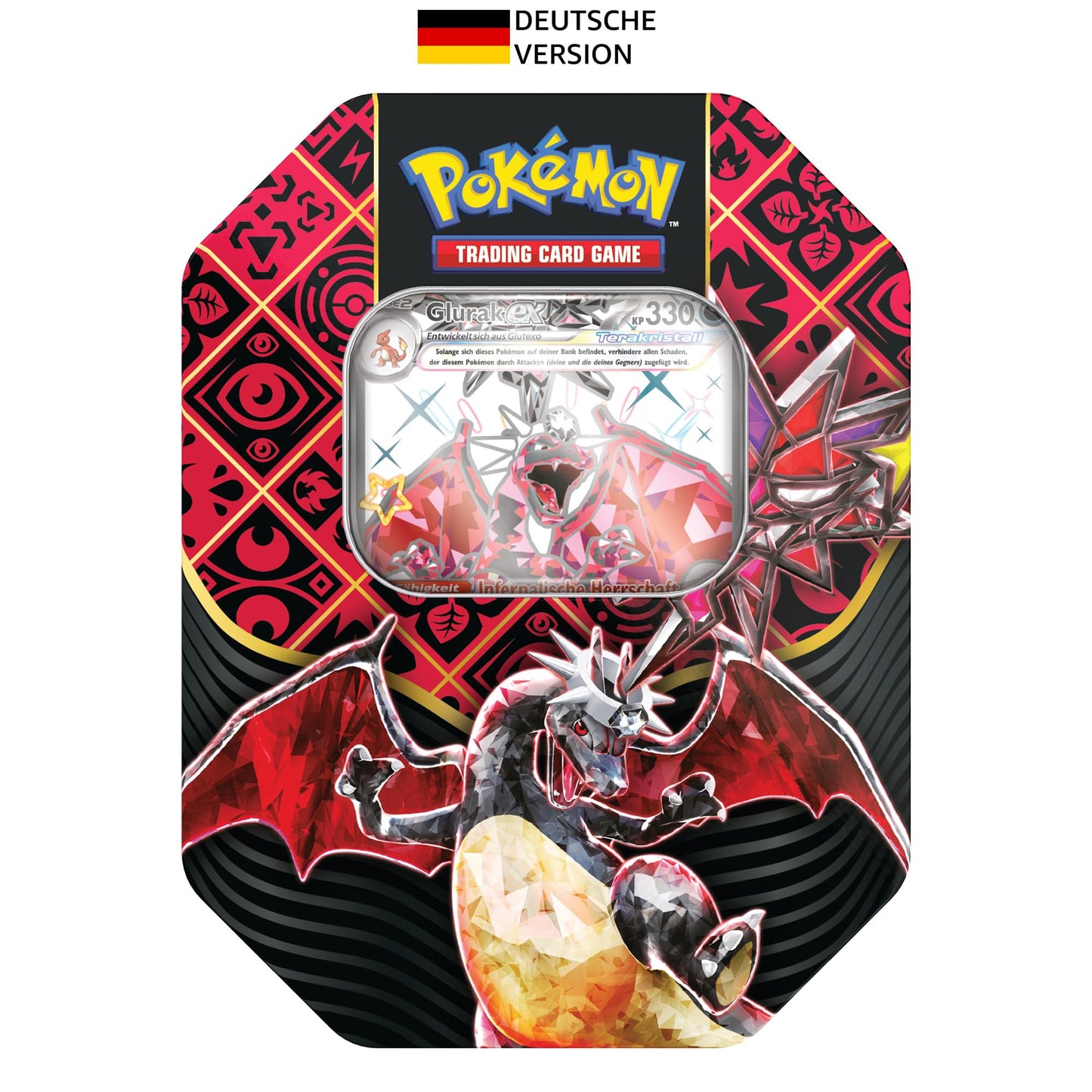 Pokémon - Joc de Cărți Colecționabile: Cutie de Metal Roșie și Violetă – Destinul din Paldea – Glurak-ex Iridiscente (1 Carte Promoțională Holografică și 4 Pachete de Întărire) - Editie in limba germana