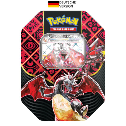 Pokémon - Joc de Cărți Colecționabile: Cutie de Metal Roșie și Violetă – Destinul din Paldea – Glurak-ex Iridiscente (1 Carte Promoțională Holografică și 4 Pachete de Întărire) - Editie in limba germana