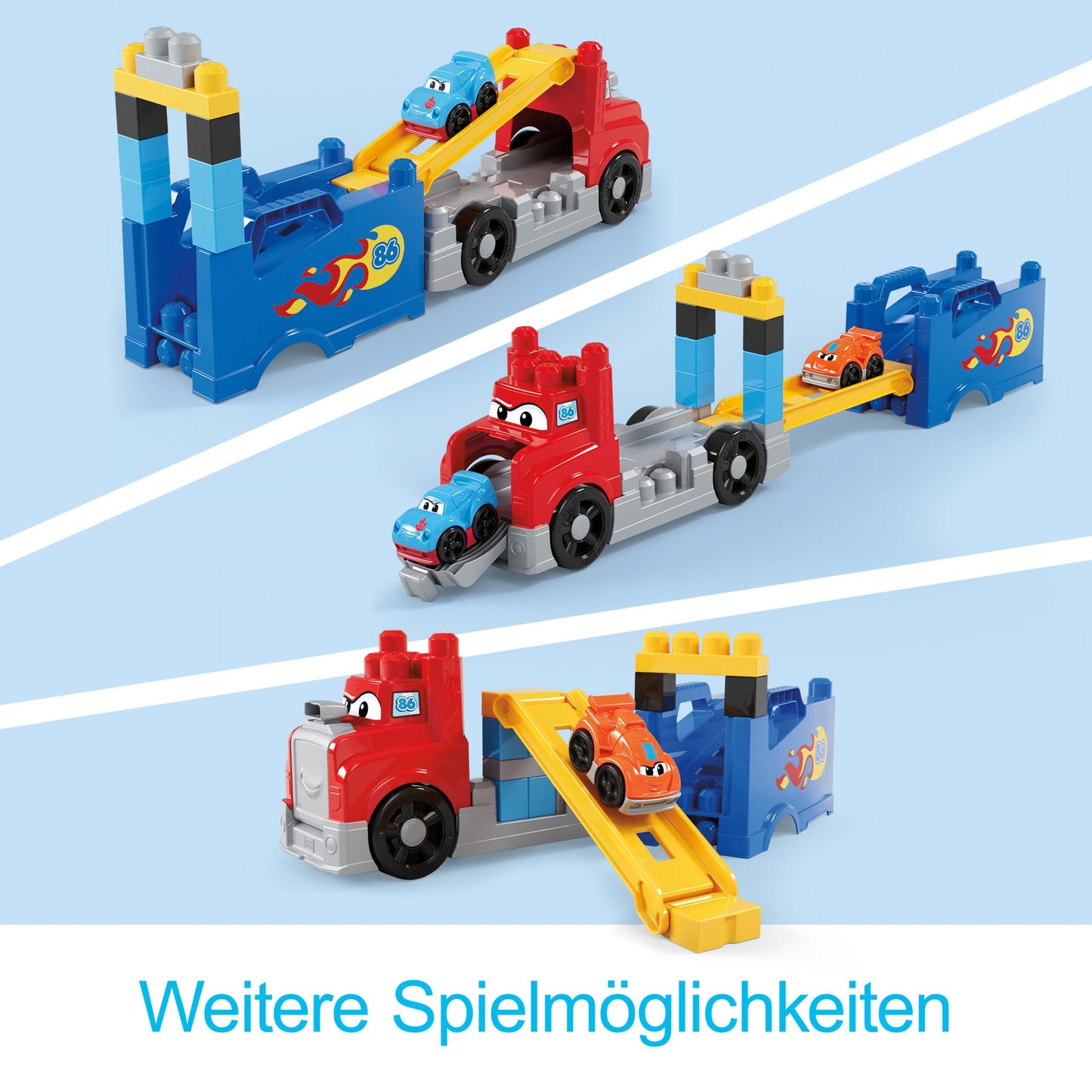 MEGA BLOKS JFR29 Set de construcție cu 19 piese Transportor mașini de curse pentru copii de la 1 an (multicolor)