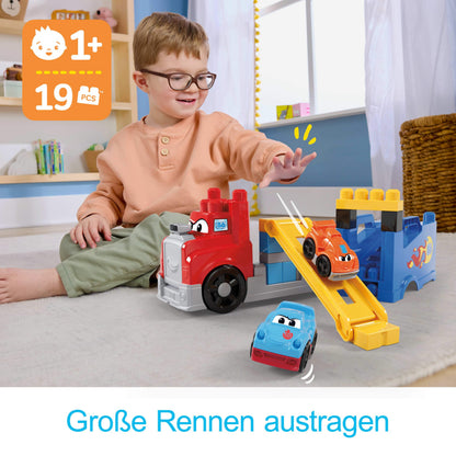 MEGA BLOKS JFR29 Set de construcție cu 19 piese Transportor mașini de curse pentru copii de la 1 an (multicolor)