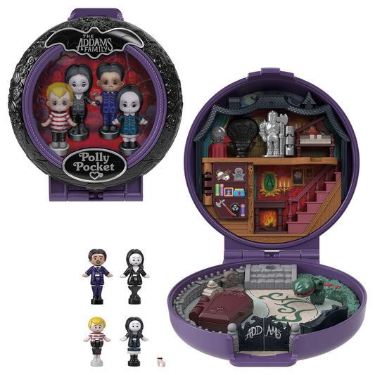 Polly Pocket HXW25 Set de joacă colecționabil Cutie Die Addams Family cu 4 figurine ediție specială și 1 accesoriu