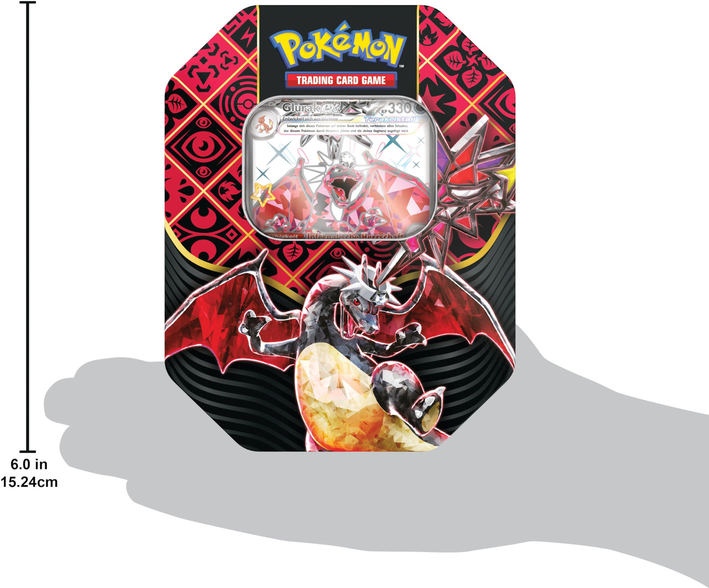 Pokémon - Joc de Cărți Colecționabile: Cutie de Metal Roșie și Violetă – Destinul din Paldea – Glurak-ex Iridiscente (1 Carte Promoțională Holografică și 4 Pachete de Întărire) - Editie in limba germana