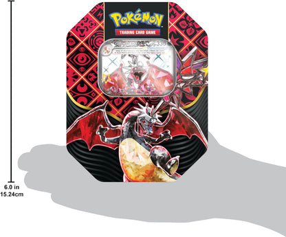 Pokémon - Joc de Cărți Colecționabile: Cutie de Metal Roșie și Violetă – Destinul din Paldea – Glurak-ex Iridiscente (1 Carte Promoțională Holografică și 4 Pachete de Întărire) - Editie in limba germana