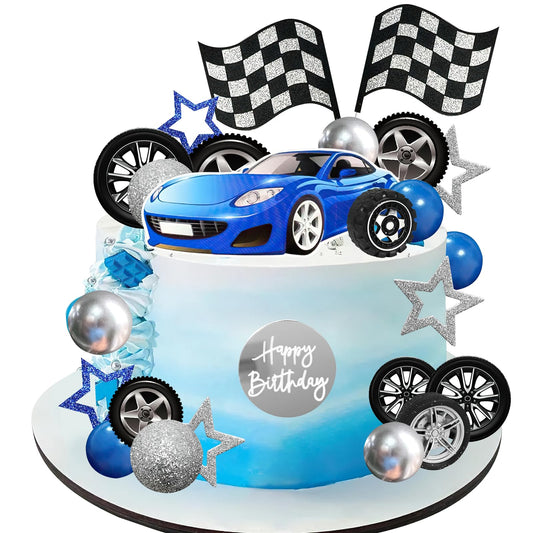 IHLOOTD Decor tort mașini curse, 28 buc, albastru