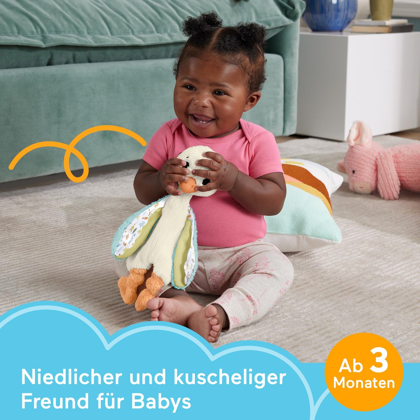 Fisher-Price Gasca - Jucărie de pluș moale pentru îmbrățișare, ideală pentru călătorii, lavabilă, dezvoltă simțul tactil și auzul, motricitate fină și abilități senzoriale, pentru nou-născuți.