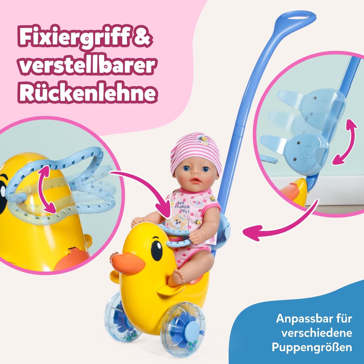 BABY Born 838938 Cărucior pentru păpuși cu mâner reglabil și roți funcționale pentru păpuși de 36 cm și 43 cm