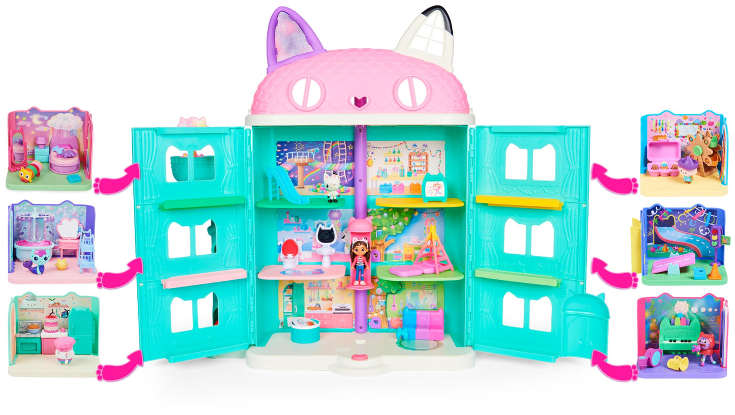 DREAMWORKS GABBY'S DOLLHOUSE - Deluxe Raion, Sweet Dreams, Dormitor cu Pisica Pufoasă, 3 Mobilier și 2 Cutii Surpriză cu Accesorii, pentru copii de la 3 ani