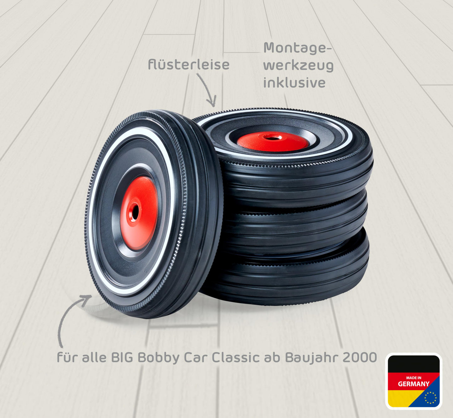 BIG Bobby Car Whisper Wheels Set de roți silențioase pentru Bobby Car Classic de la 2000, cu cleme de fixare și instrucțiuni, pentru copii de la 1 an