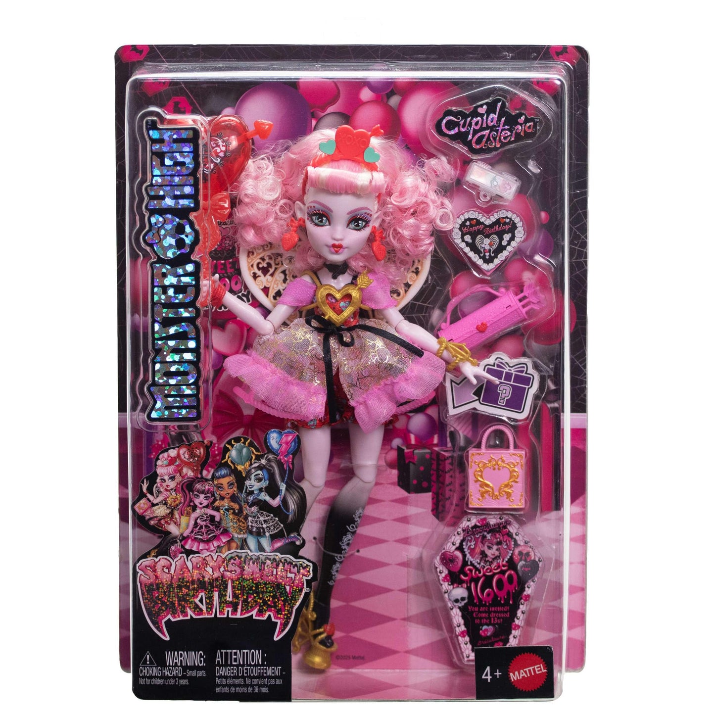 Monster High JBG77 Păpușă Cupid Asteria în Rochie de Petrecere Roz și Roșu pentru Scary Sweet Birthday