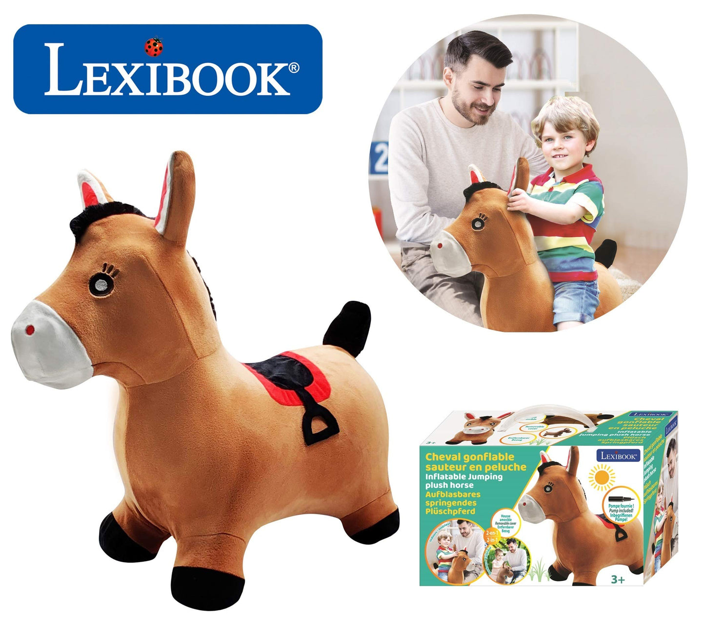 Lexibook-BGP050 Cal de Jucărie gonflabil cu Pompa Inclusă, Plastic Sigur și Rezistent - Joc pentru Exterior și Interior pentru Copii - Culoare Maro, 57x47 Centimetri