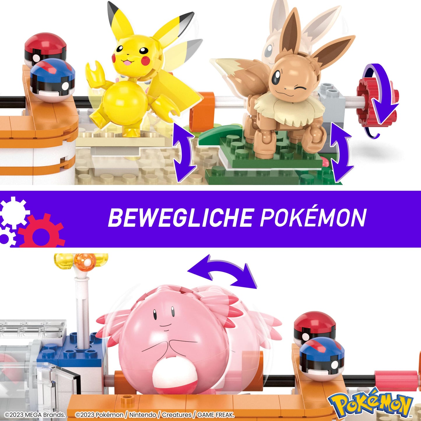 Mega Bloks HNT93 Set de construcție Pokémon 648 piese cu Pikachu, Chaneira, Evoli și Togepi pentru copii de la 8 ani