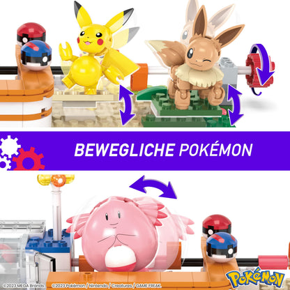 Mega Bloks HNT93 Set de construcție Pokémon 648 piese cu Pikachu, Chaneira, Evoli și Togepi pentru copii de la 8 ani