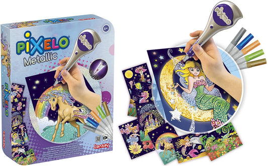 PIXELO - Set metalic - Set de desen cu efecte de puncte și culori metalice - Pictură cu puncte cu stilou electronic pentru copii de la 6 ani - 8 desene - Baterie nu este inclusă - Lansay