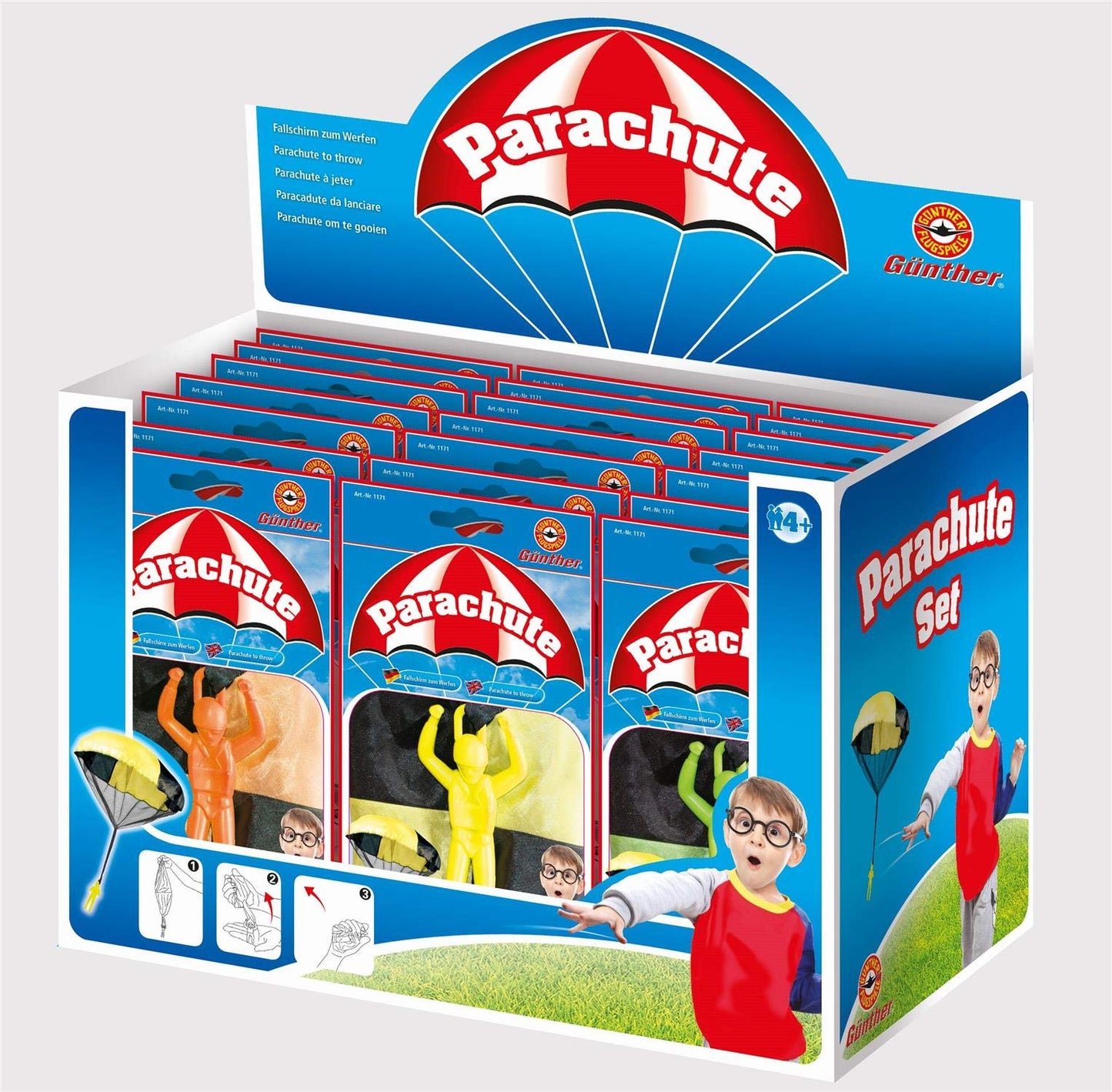 GÜNTHER FLUGSPIELE 1171 - Parașută, diametru aprox. 46 cm, culori asortate, cadou ideal pentru distracție.