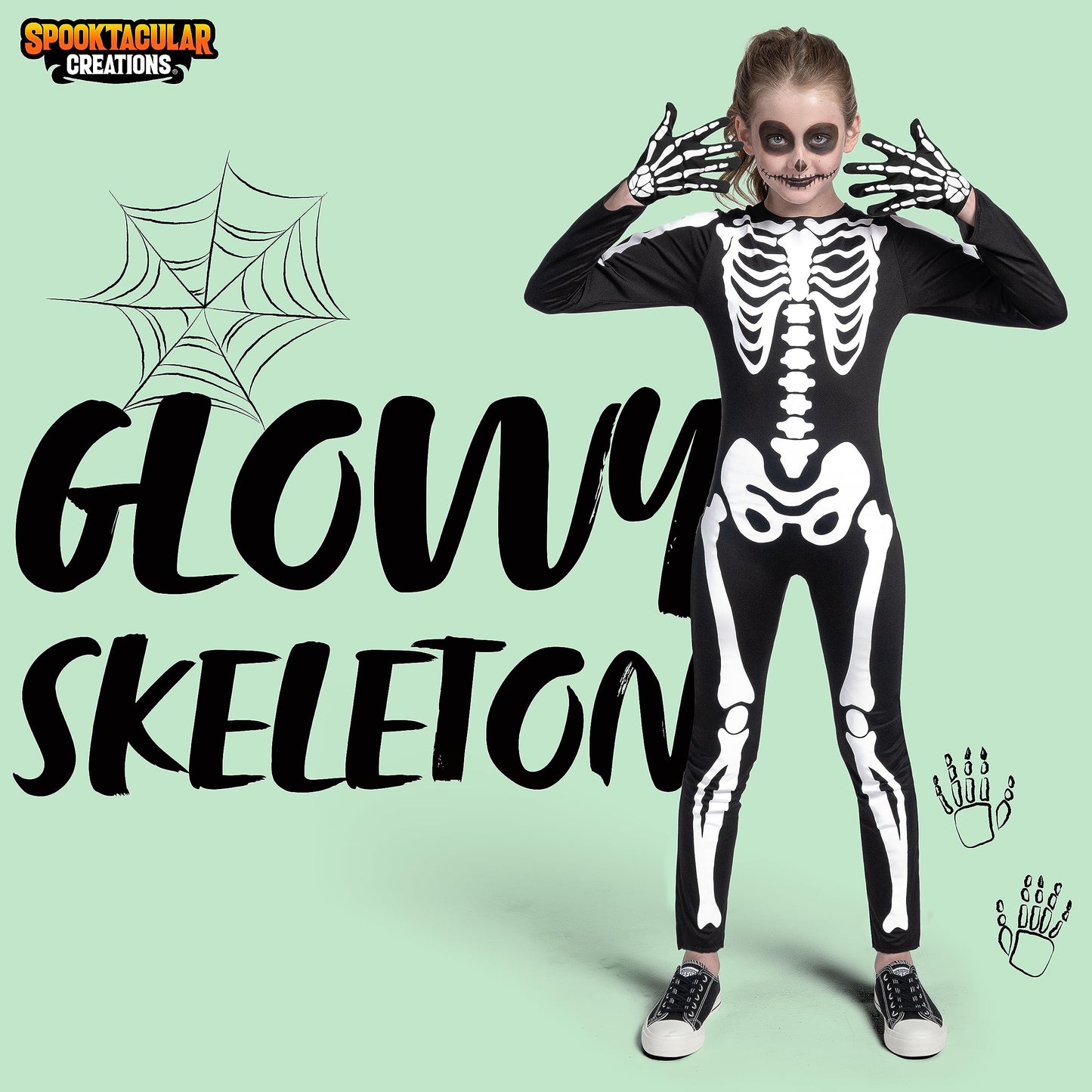 Costum de schelet pentru copii Spooktacular Creations, unisex, cu efect de strălucire în întuneric, ideal pentru Halloween, jocuri de rol și petreceri cosplay.
