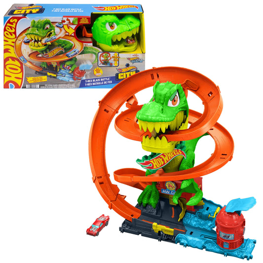 Hot Wheels Set pistă T-Rex, mașină pompieri 1:64, 45 cm