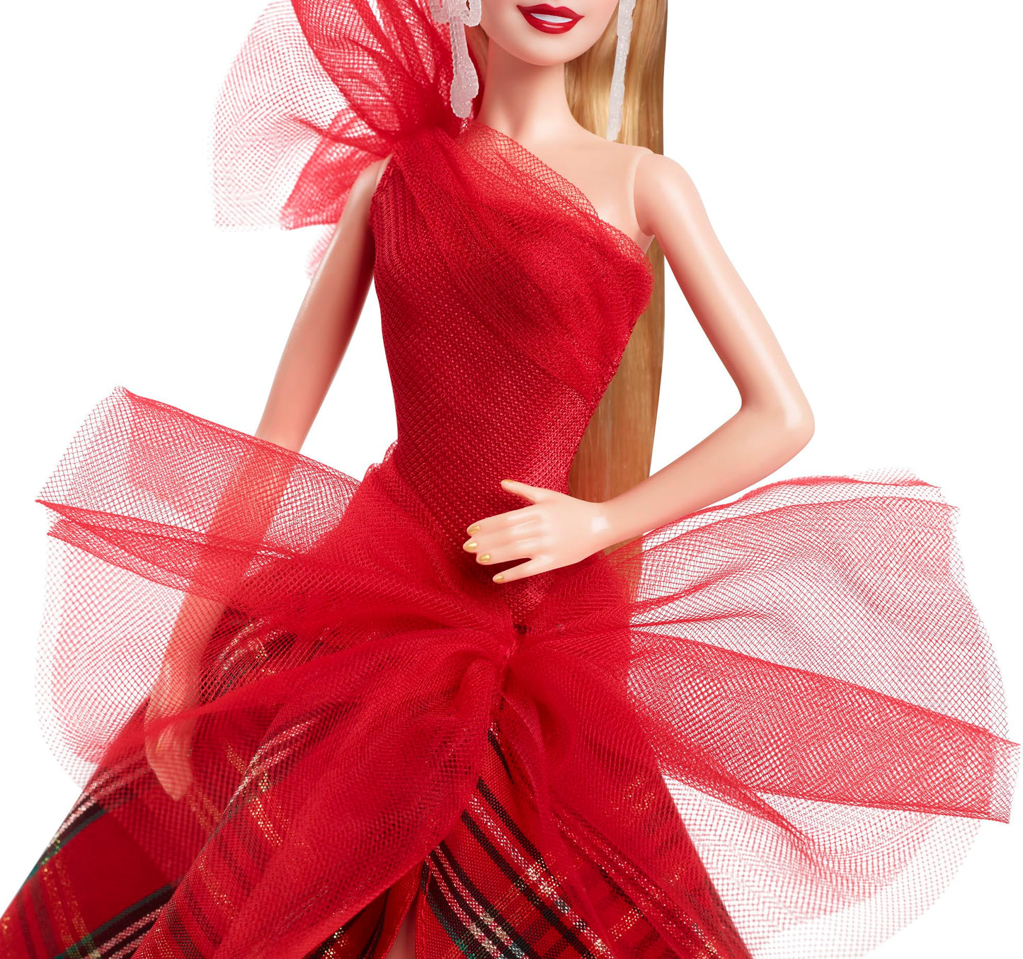 Păpușa Barbie Signature, Păpușa de Sărbători 2024 cu Păr Blond, Îmbrăcată în Rochie cu Fustă Caro, Cadou Sezonier pentru Colecționari în Ambalaj Expunabil, HRM65, [Multicolor]
