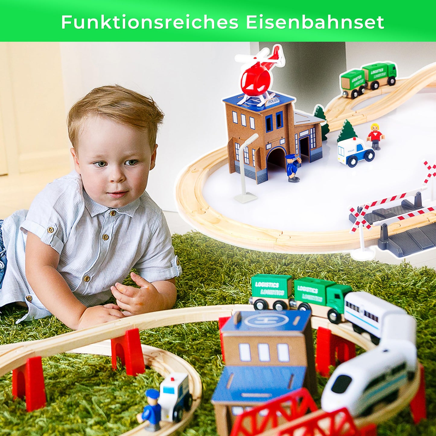 Set de trenuri din lemn Green Series pentru copii - Tren din lemn | Jucărie tren | Stație de poliție, autostradă și set de cale ferată cu pod, 80 piese, 378 cm lungime | Trenuri din lemn | Tren din lemn | Model GS0010