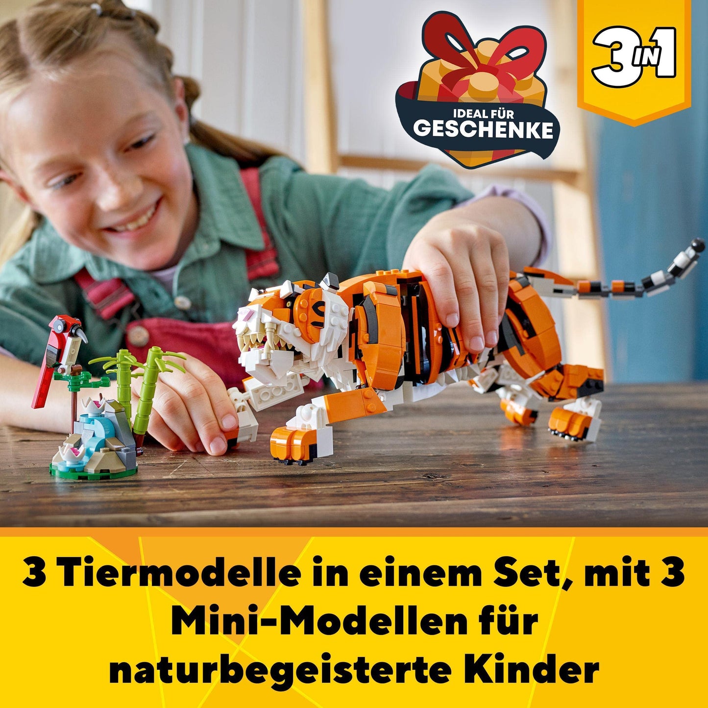 LEGO 31129 Creator Tiger, Panda sau Pește, Set 3-in-1 de Figurine Animale, Jucărie pentru Copii, Băieți și Fete, Jucărie de Construcție cu Animale