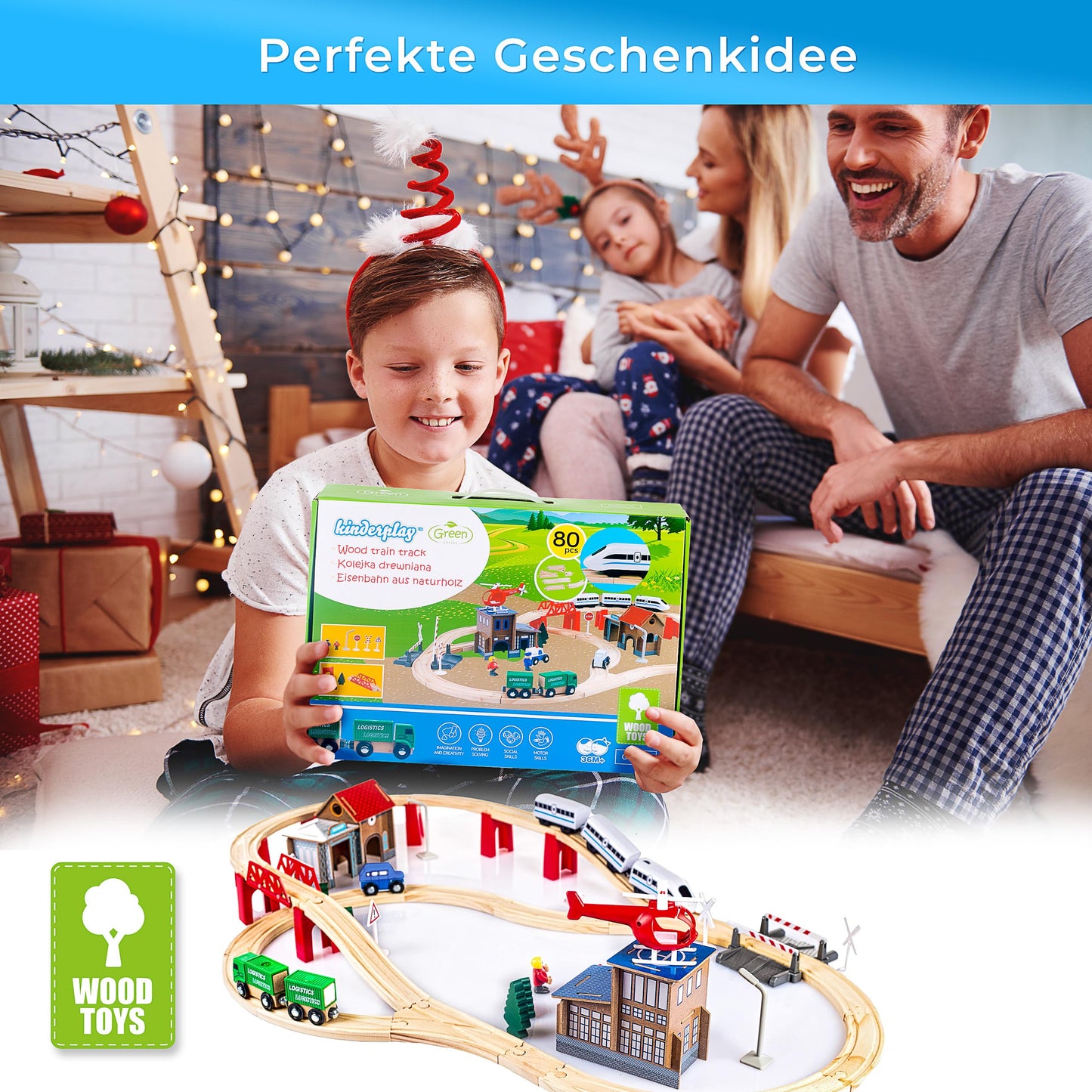 Set de trenuri din lemn Green Series pentru copii - Tren din lemn | Jucărie tren | Stație de poliție, autostradă și set de cale ferată cu pod, 80 piese, 378 cm lungime | Trenuri din lemn | Tren din lemn | Model GS0010