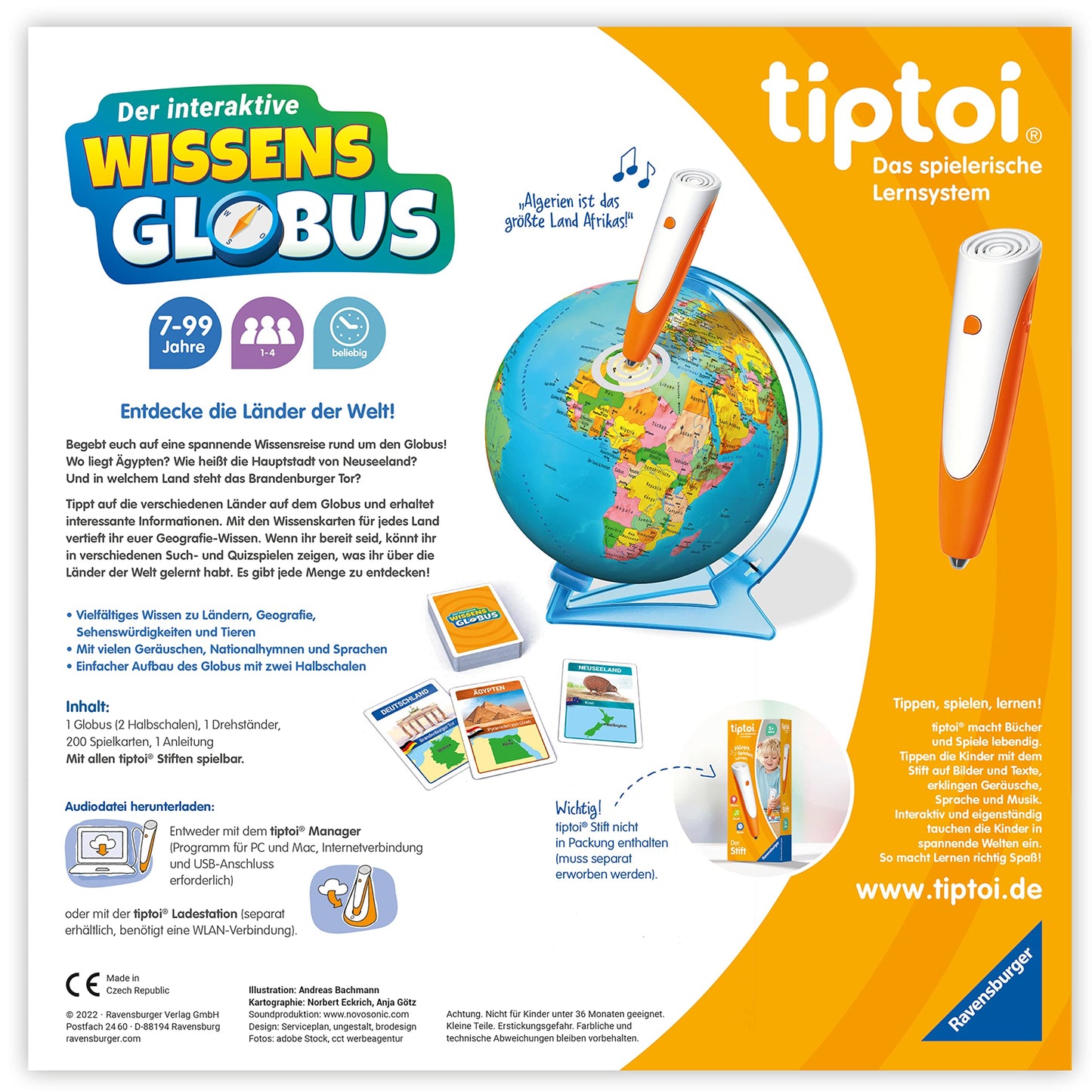 Ravensburger tiptoi 00107 Glob interactiv, 197 tari, 7+ ani