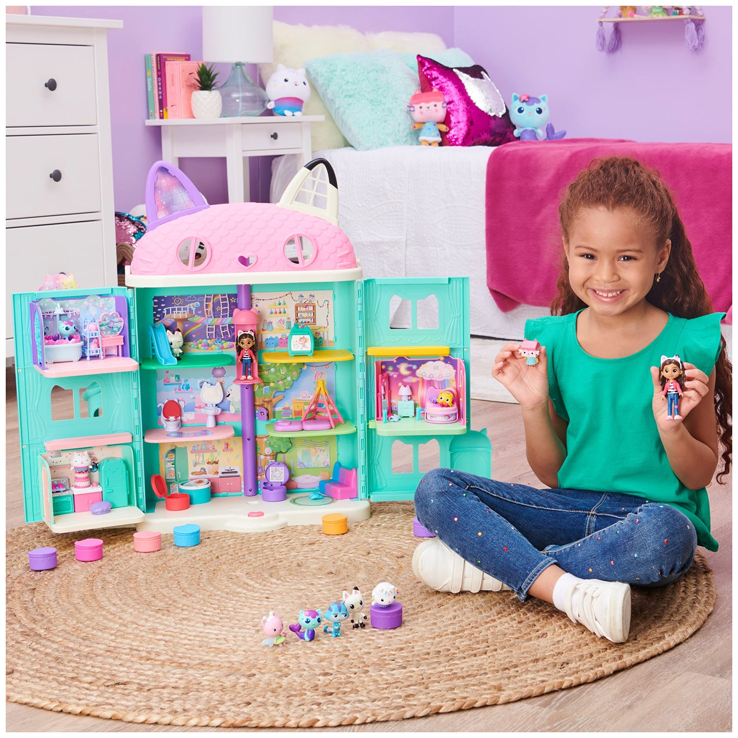 DREAMWORKS GABBY'S DOLLHOUSE - Set cadou cu figurine, Gabby cu 6 figurine de pisici și 1 cutie surpriză Cat Delivery, potrivit pentru copii de la 3 ani